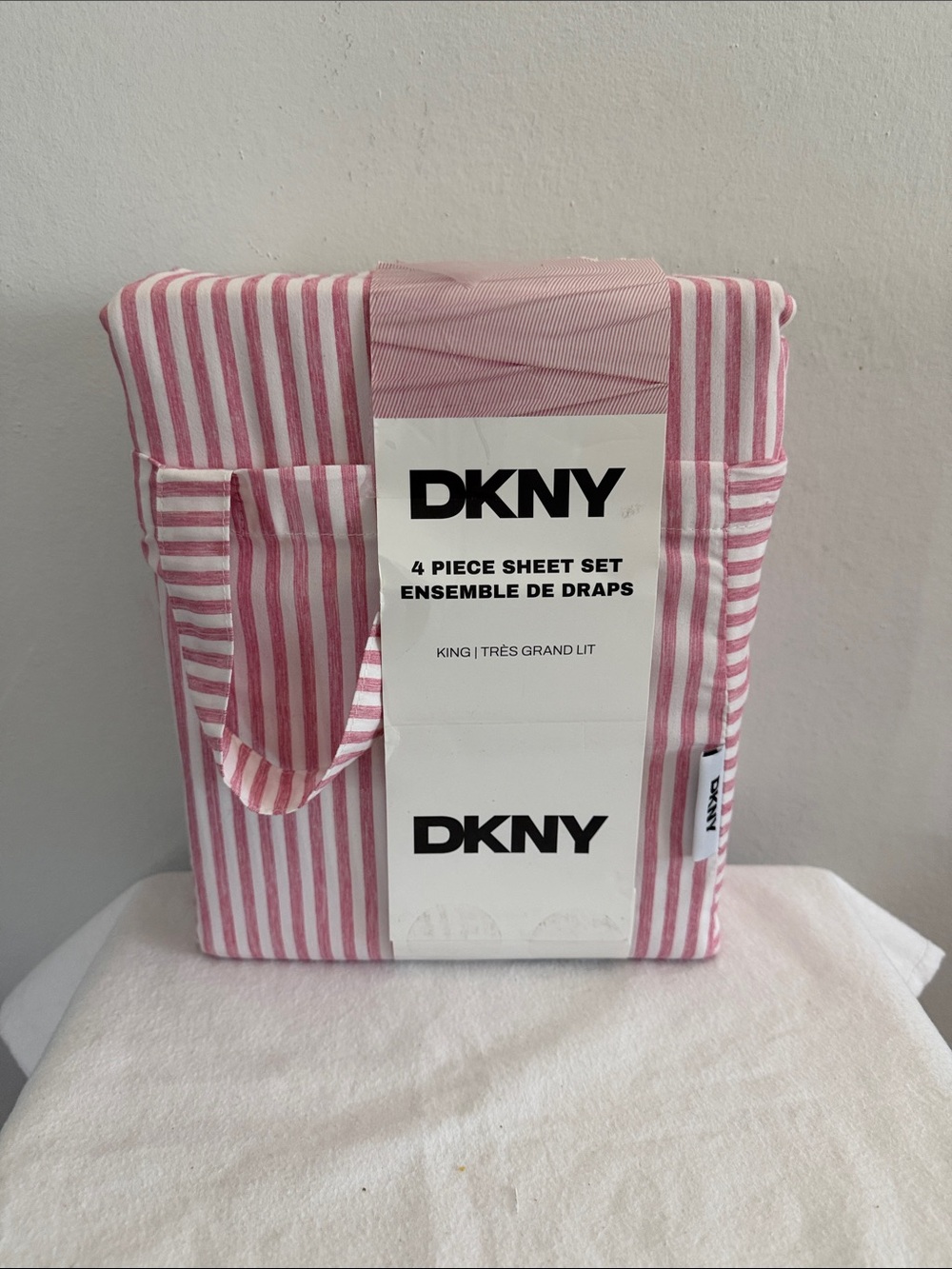 DKNY 4 Piece Pink and White Stripe King Size Sheet Set